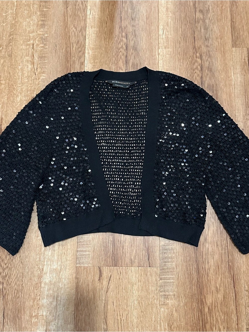BCBGMaxAzria 100% Silk Black Sequin Cropped Cardigan